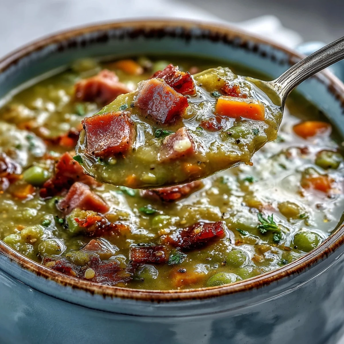 A hearty bowl of Split Pea and Ham Soup, garnished with fresh parsley and served beside crusty artisan bread.