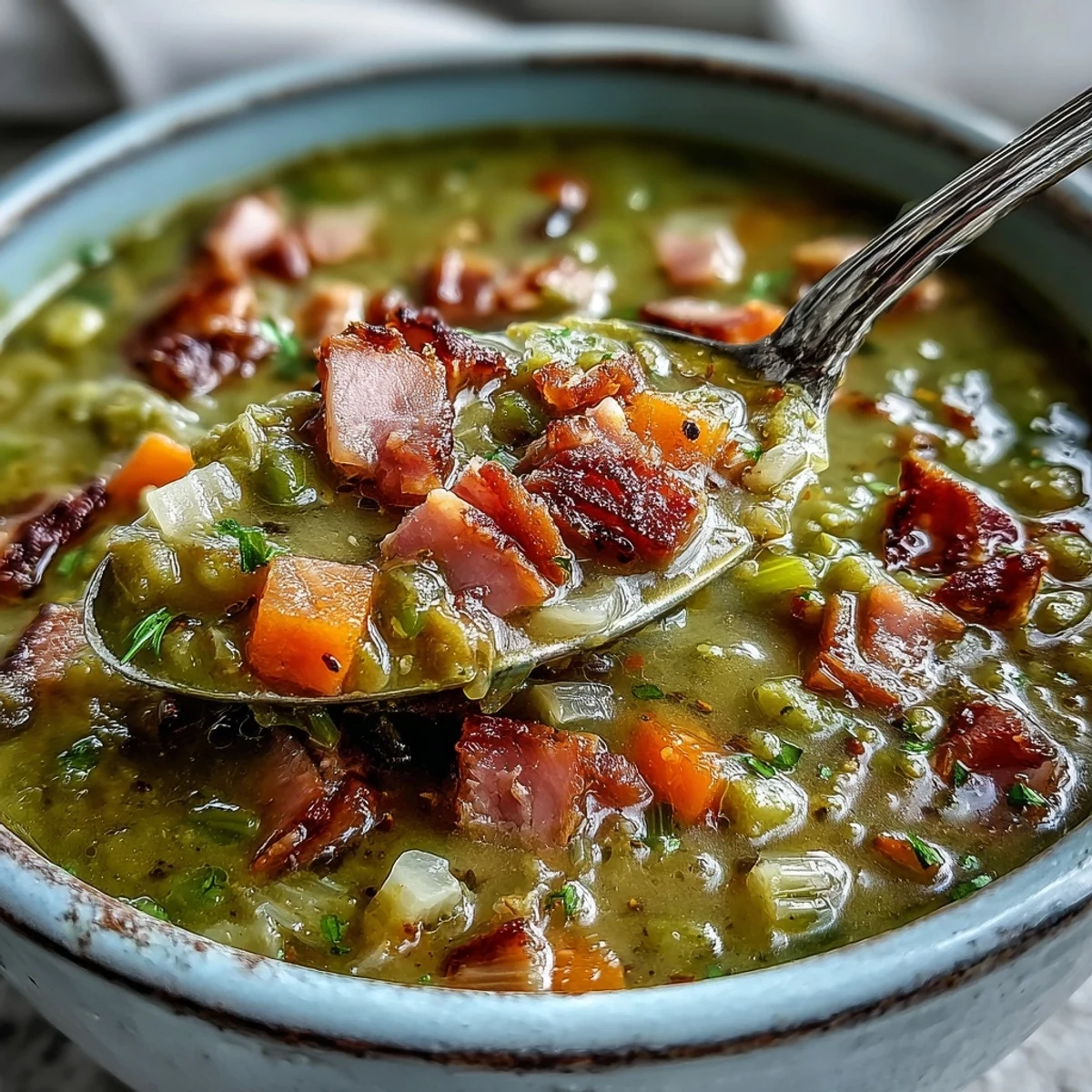 Rich, golden Split Pea and Ham Soup ladled into a rustic bowl, perfect for a cozy winter dinner.