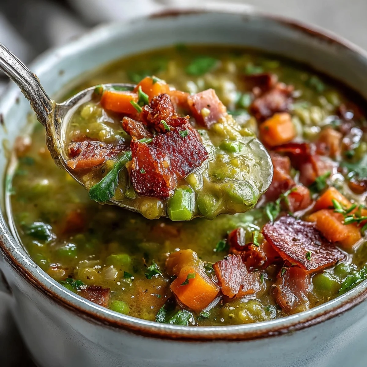 Creamy Split Pea and Ham Soup simmering in a Dutch oven, showcasing tender peas and savory chunks of leftover ham.