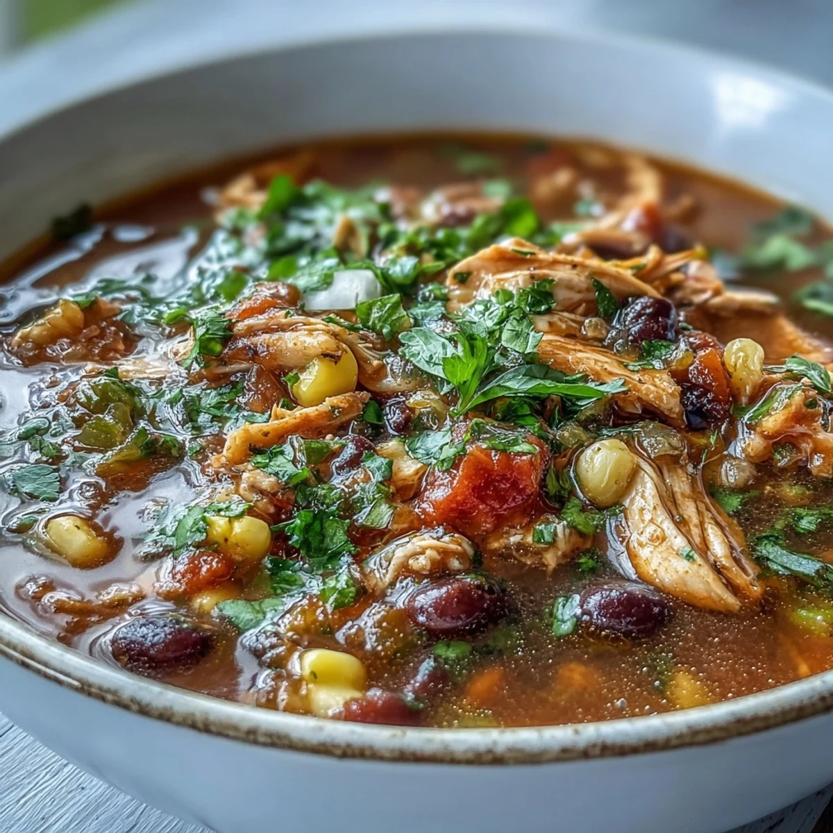 A bowl of hearty Southwestern Turkey Soup with tender turkey, black beans, and sweet corn, garnished with fresh cilantro.  