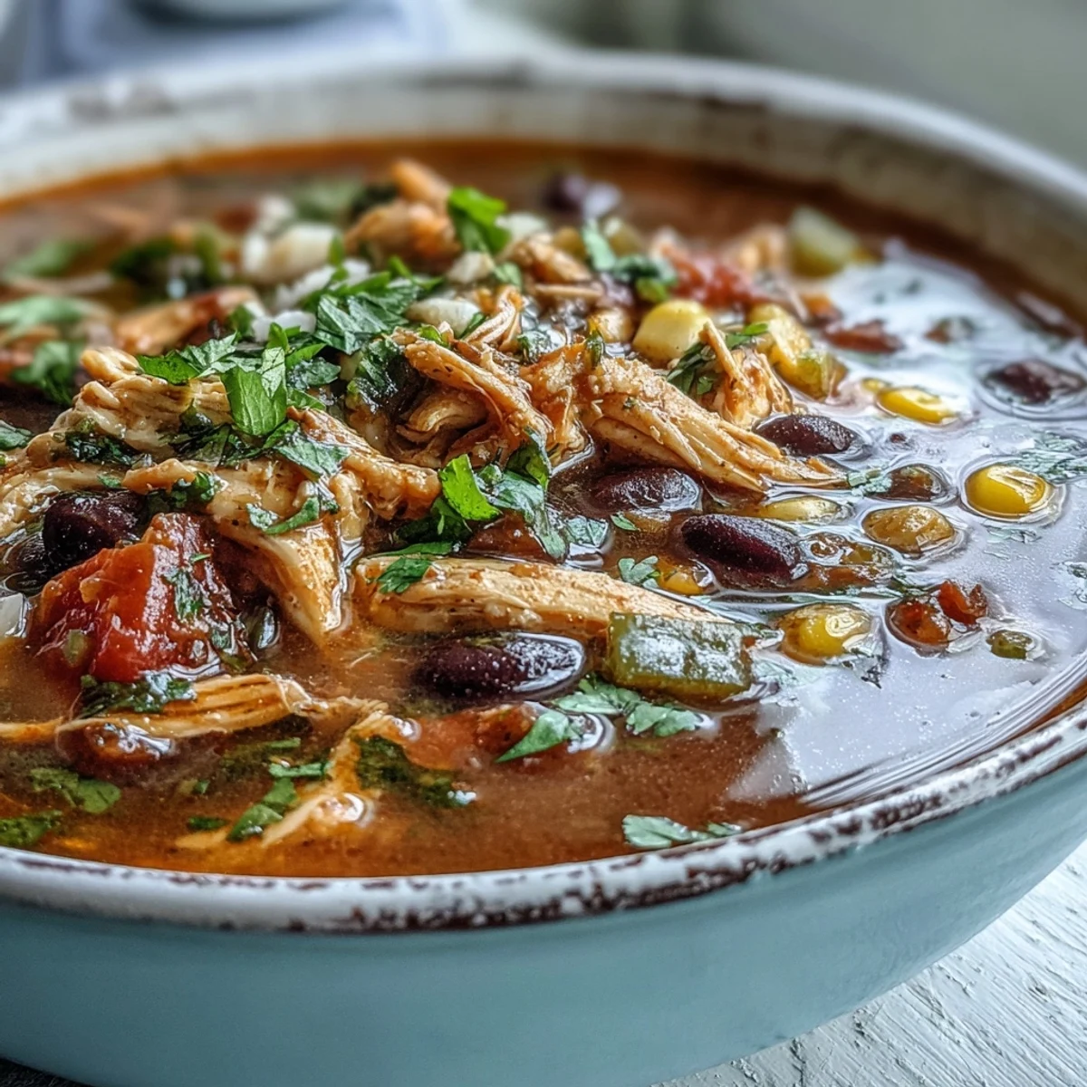 Spicy Southwestern Turkey Soup simmering in a pot, filled with red bell peppers, green chiles, and aromatic cumin spices.  