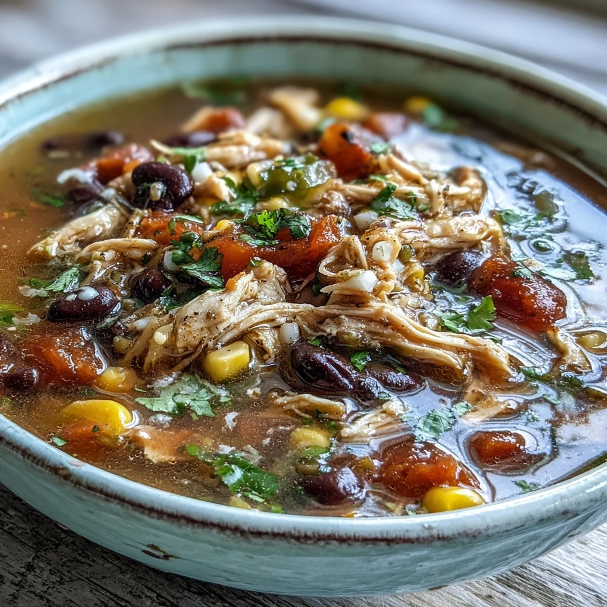 Serving of delicious Southwestern Turkey Soup topped with sliced avocado, crumbled tortilla chips, and a fresh lime wedge.
