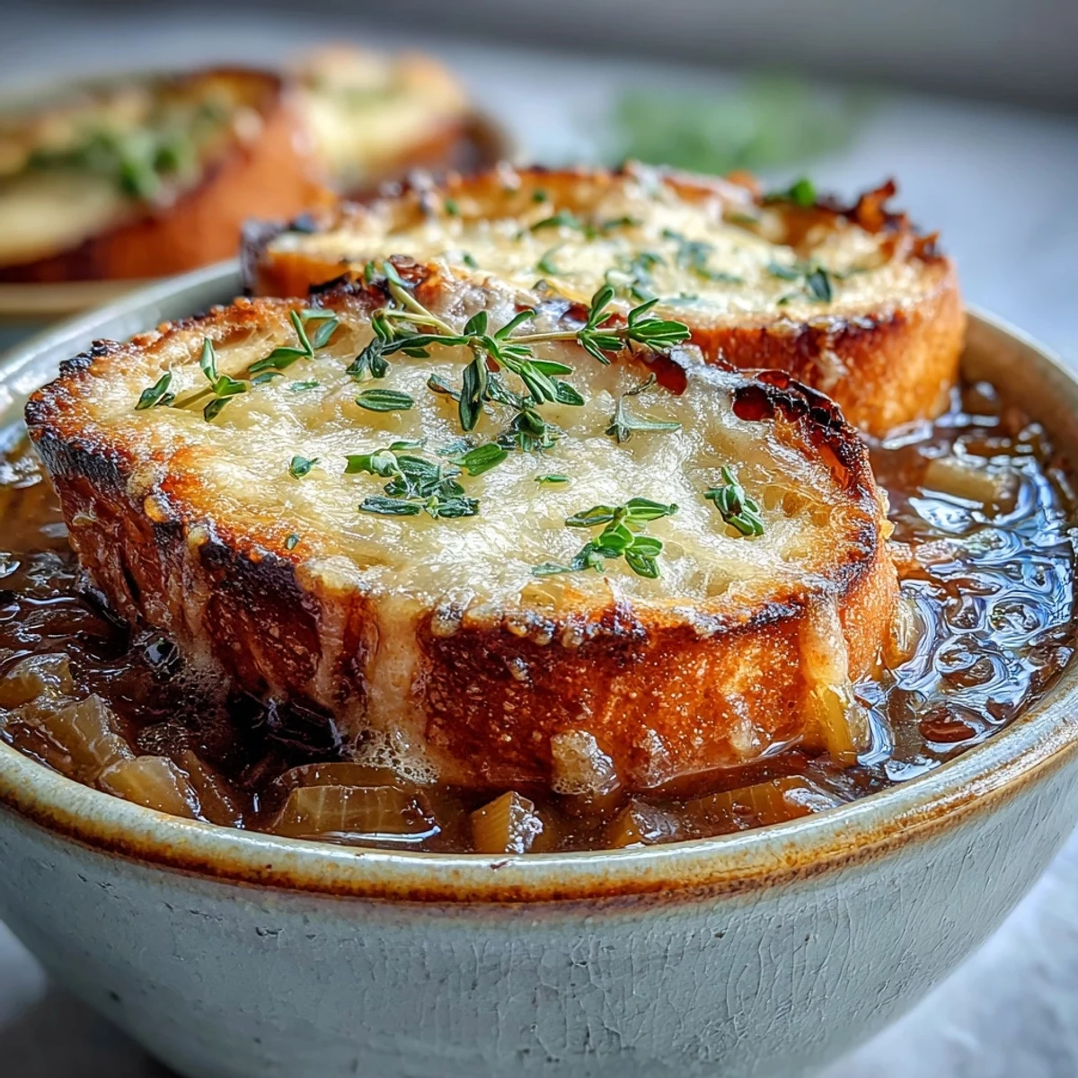Steaming hot Dutch Oven French Onion Soup in a rustic bowl with melted Gruyère and crispy baguette.