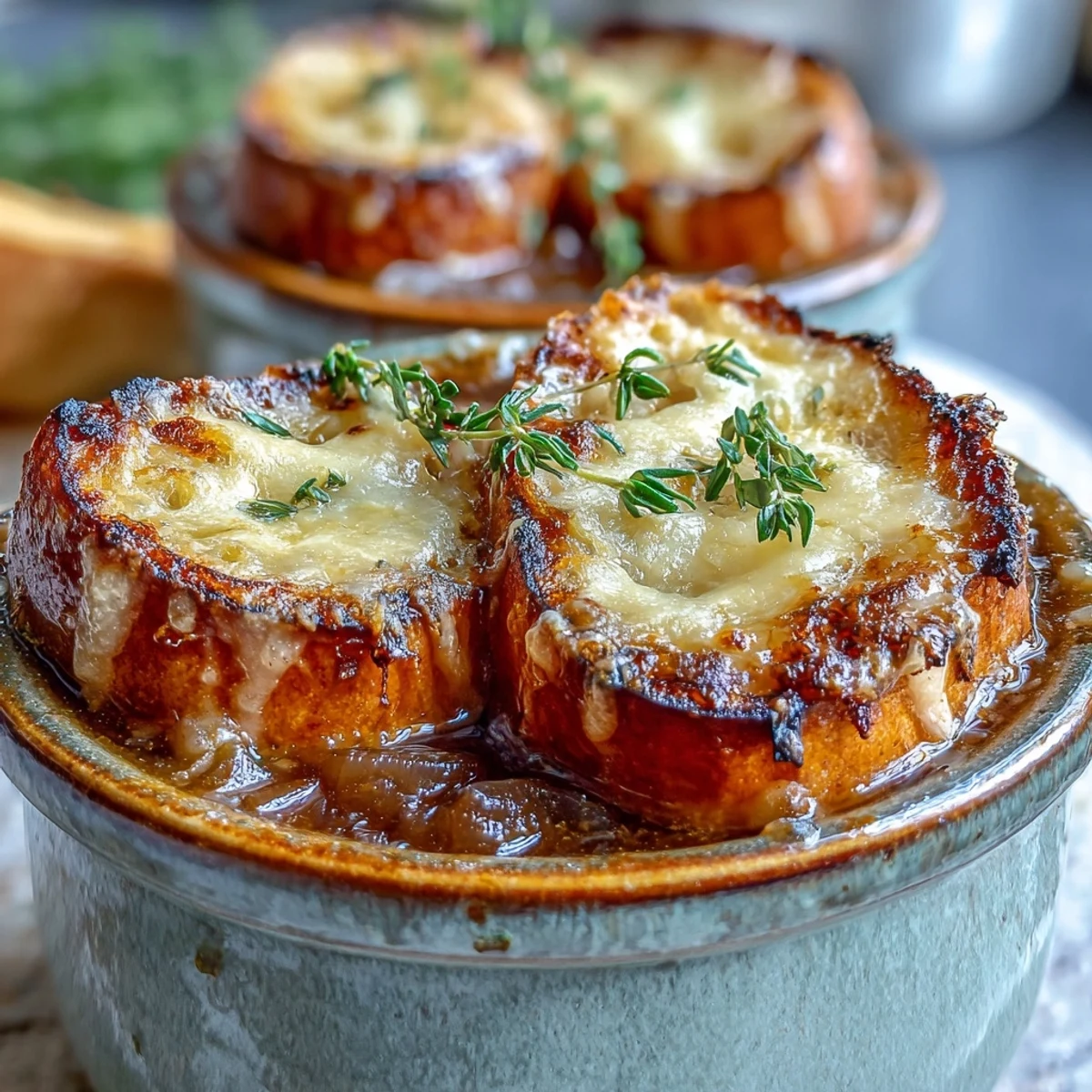Serving Dutch Oven French Onion Soup in an oven-safe crock, garnished with fresh thyme and savory broth.