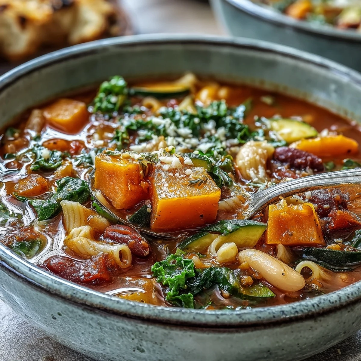 A steaming bowl of Winter Minestrone Soup with Butternut Squash and Kale, garnished with fresh parsley and served with crusty bread for dipping.