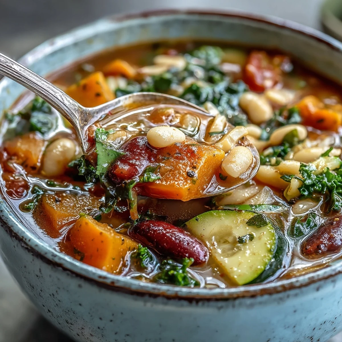 Close-up view of Winter Minestrone Soup showcasing tender butternut squash, beans, and kale swimming in a rich, chunky tomato broth.