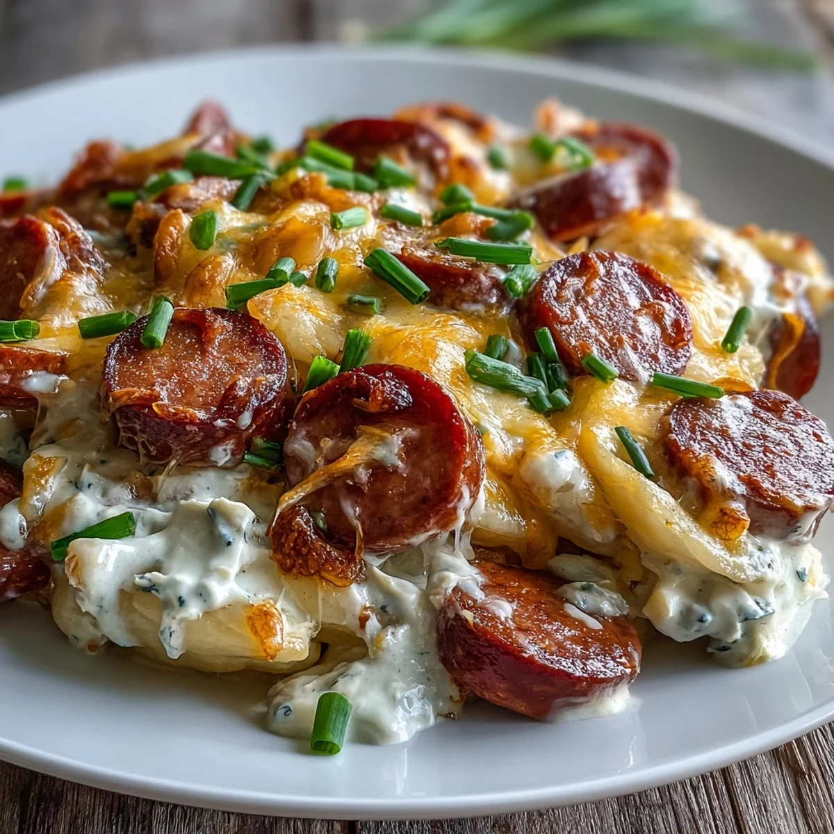 Golden brown pierogi and sliced kielbasa smothered in a creamy cheddar sauce in a Crockpot.
