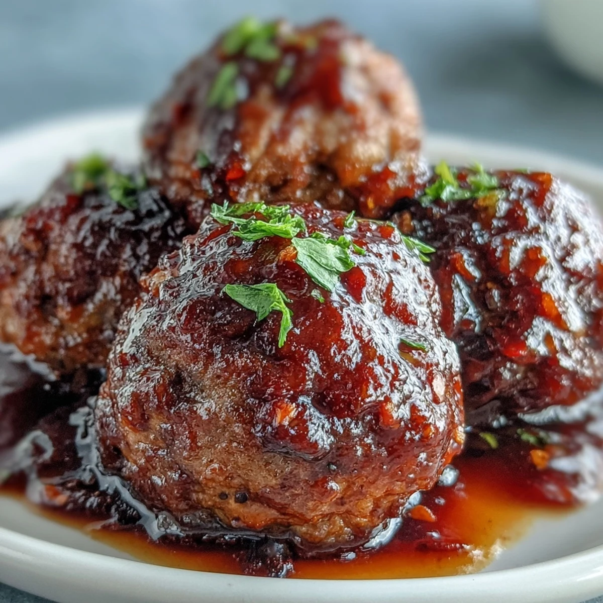 A close-up of tender Easy Sweet and Sour Crock Pot Meatballs coated in sticky apricot glaze, garnished with sesame seeds and fresh green onions.
