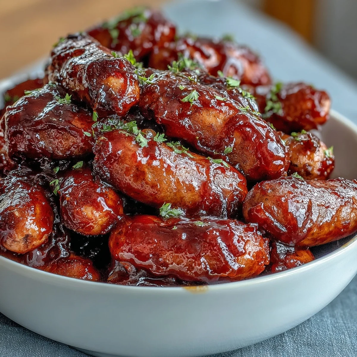 Crock Pot BBQ Cocktail Sausages simmering in a sticky apricot barbecue glaze within the slow cooker, steam rising. 
