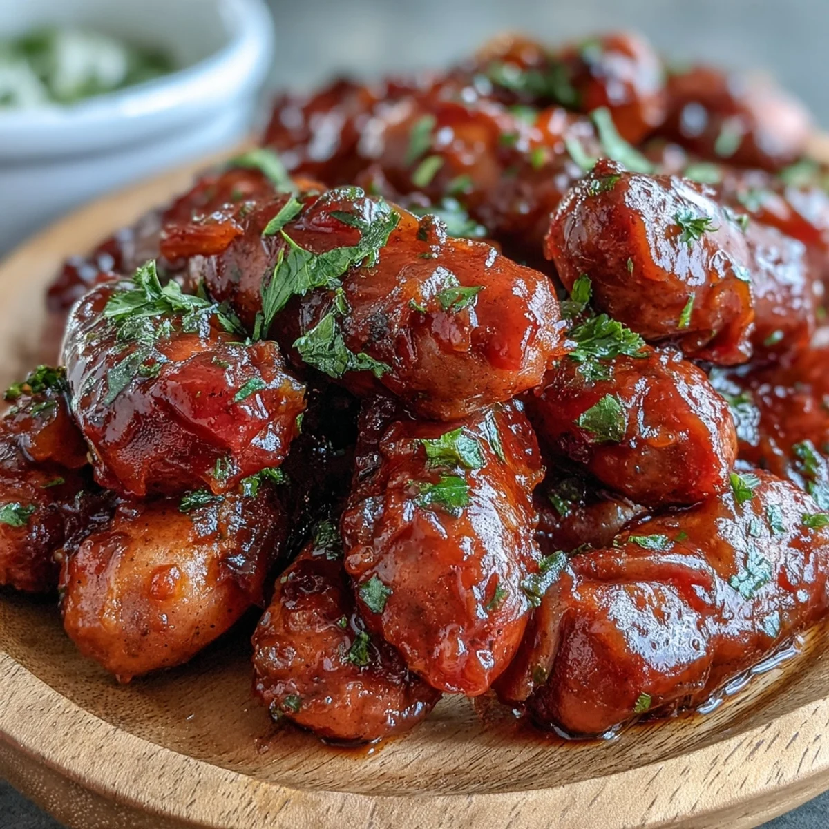 Golden Crock Pot BBQ Cocktail Sausages served warm on a platter with toothpicks, pickles, and potato chips for gameday. 