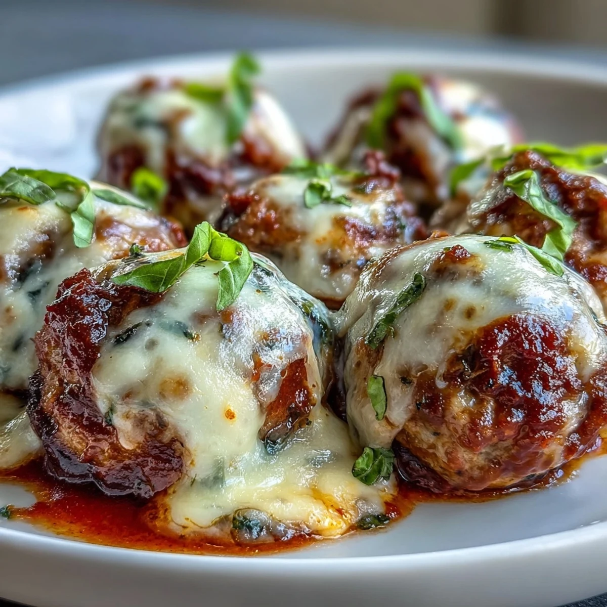 Freshly baked Cheesy, Garlicky Meatballs With Marinara on a platter, rich red sauce and parsley garnish ready for a comforting weeknight dinner.