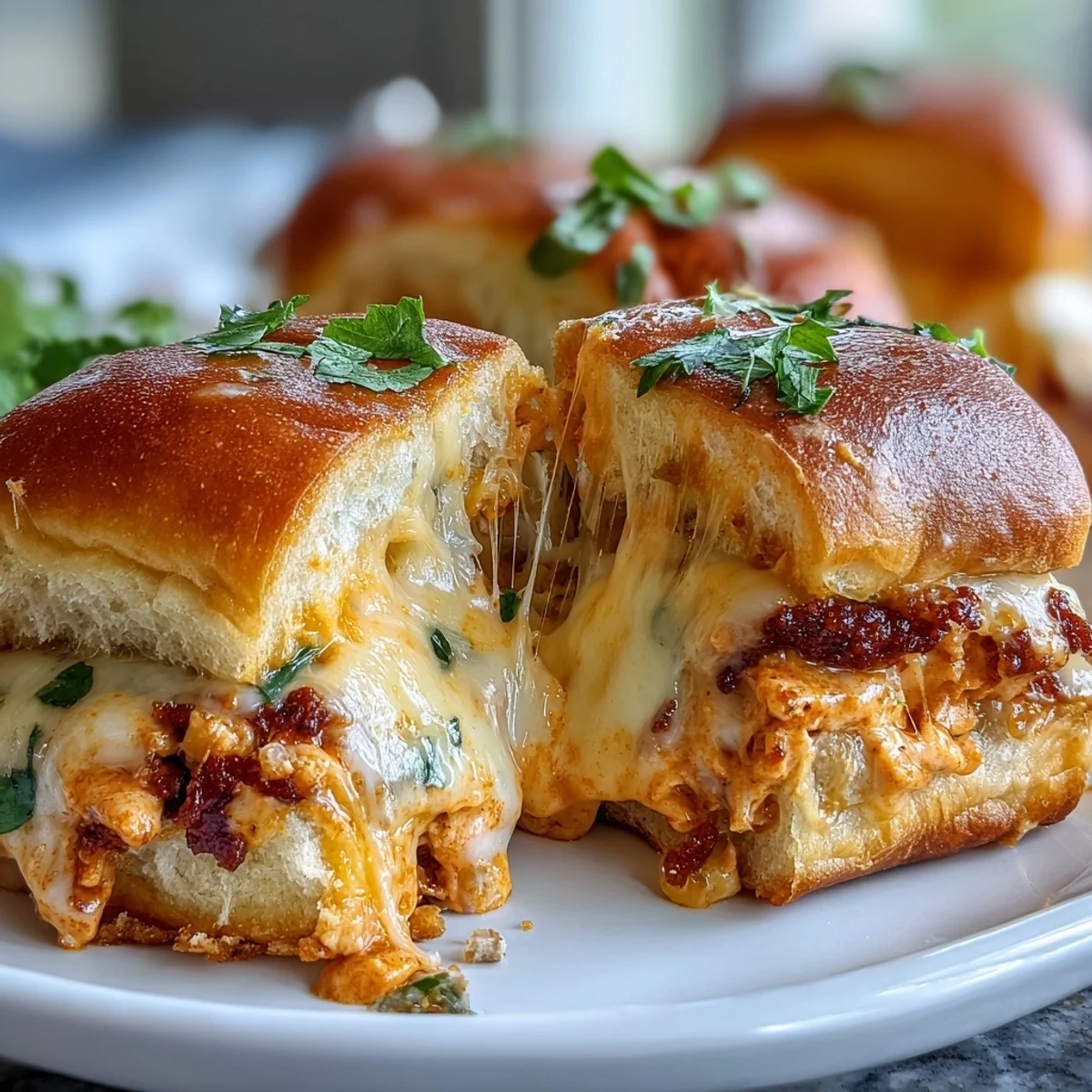 Golden-brown, cheesy Pizza Dip Sliders fresh from the oven, oozing with Buffalo chicken dip and melted mozzarella on soft Hawaiian rolls.
