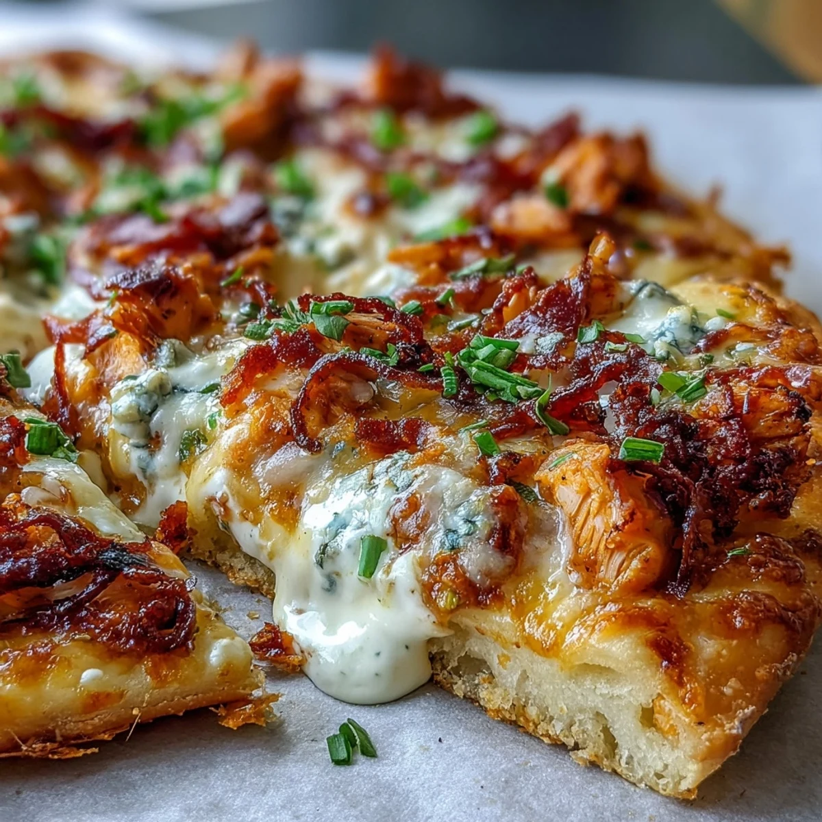 Freshly baked Buffalo Chicken Pizza with melted mozzarella and cheddar, topped with red onion and a drizzle of hot sauce. 