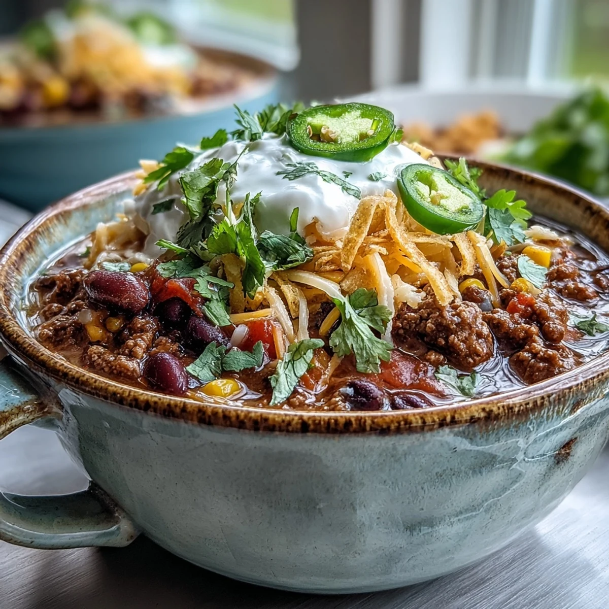 Close-up of Taco Soup in a rustic bowl, loaded with seasoned beef, beans, corn, and a lime wedge.