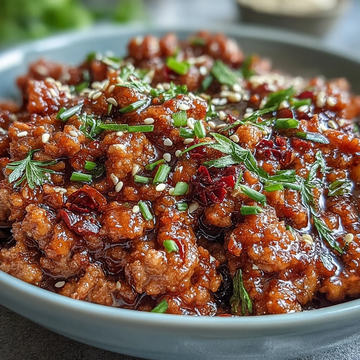 Savory Korean-Style Ground Turkey simmered in a glossy, spicy-sweet sauce, flecked with toasted sesame seeds and chives, served hot over steamed rice with crisp broccoli.