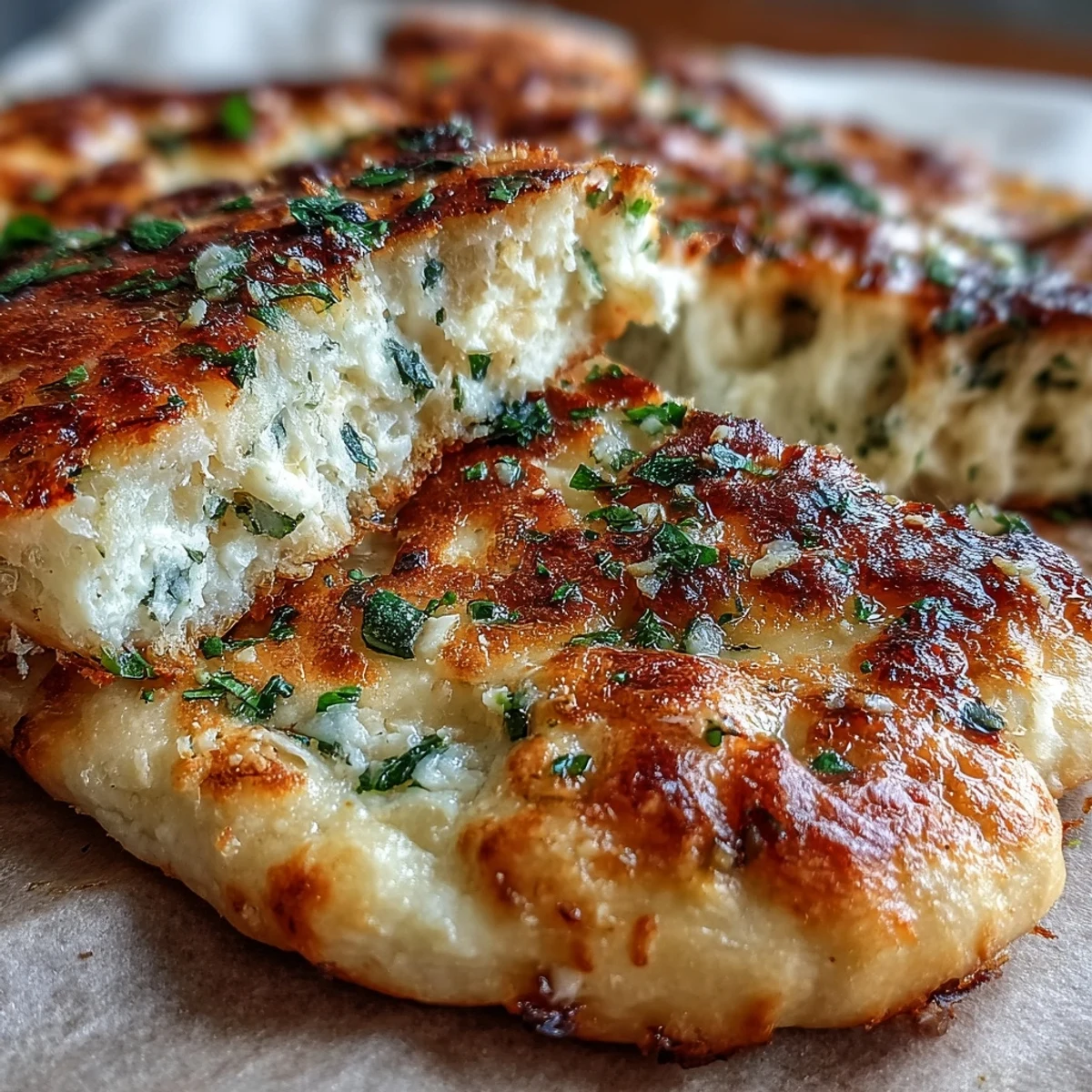 Golden-brown The Best Easy Garlic Naan Bread brushed generously with melted butter and minced garlic, resting on a wooden board.