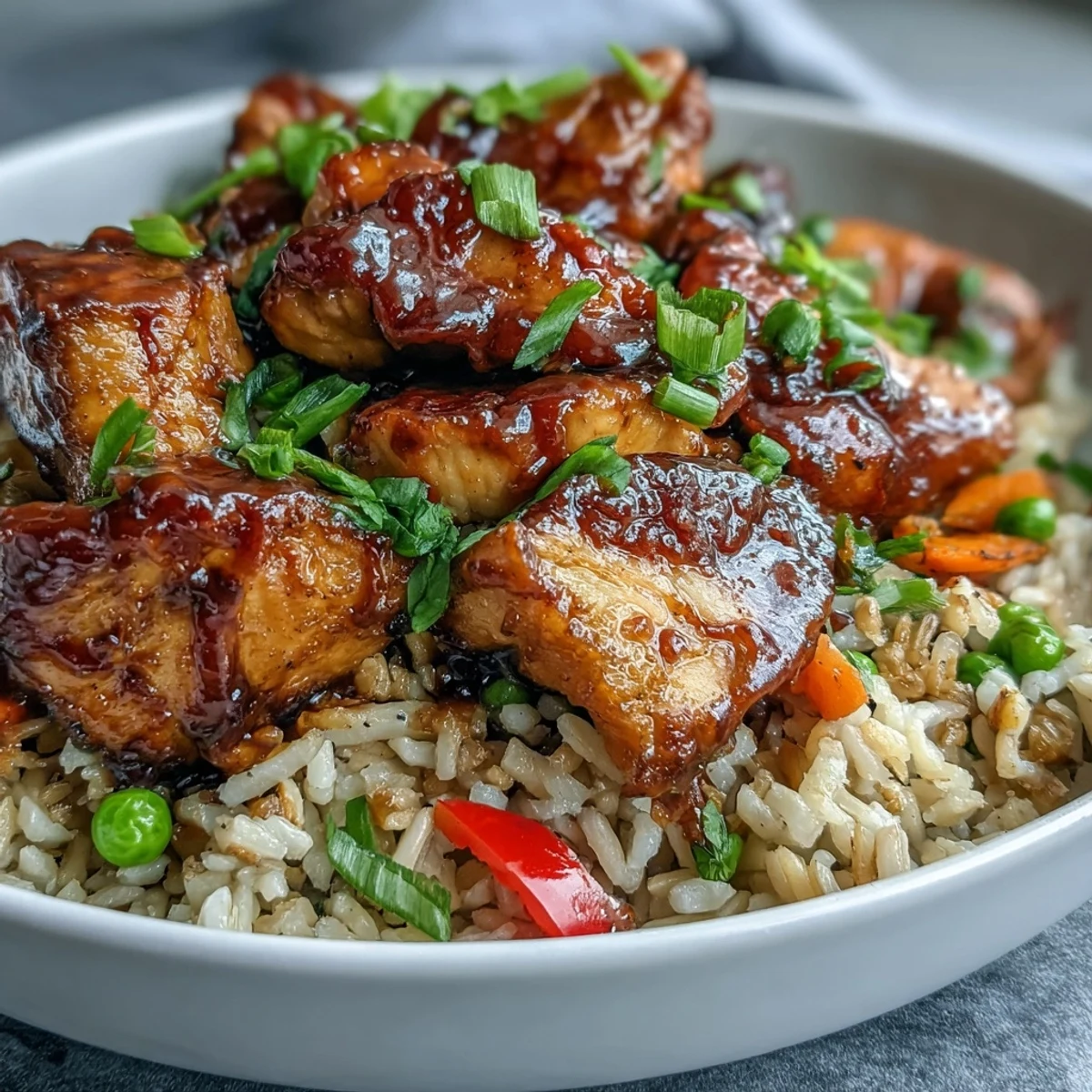Skillet of One-Pan Bold Honey BBQ Chicken Rice with glazed chicken, fluffy rice, and steamed mixed vegetables.