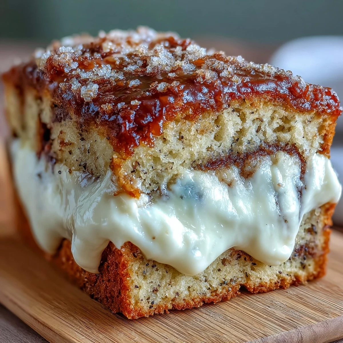 Close-up shot of Cream Cheese Cinnamon Swirl Banana Bread revealing a rich cream cheese filling and sweet cinnamon sugar topping.