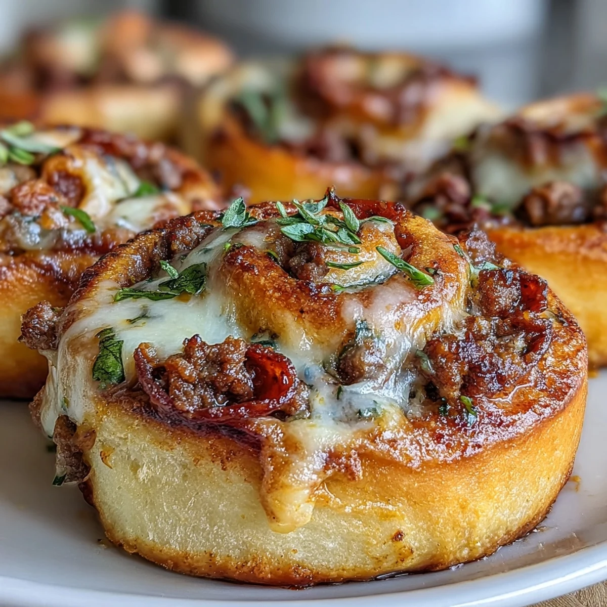 Freshly baked Irresistible High Protein Pepperoni Pizza Rolls with golden crust and bubbling cheese on a dark plate.