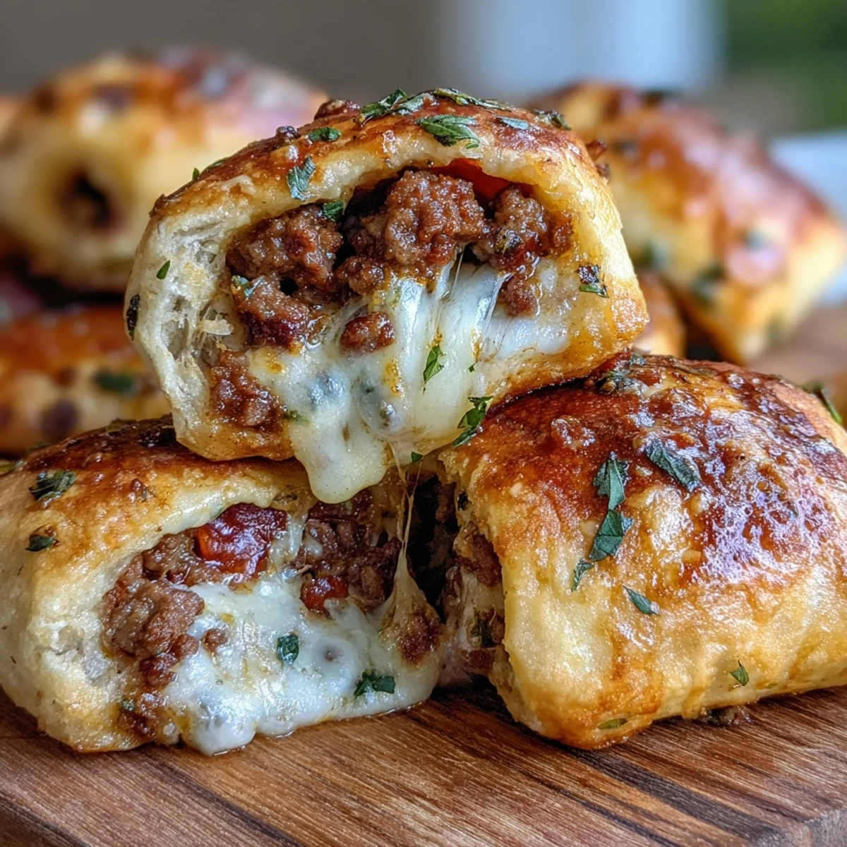 Slice of an Irresistible High Protein Pepperoni Pizza Roll showing melty mozzarella, savory beef, and spicy pepperoni inside.