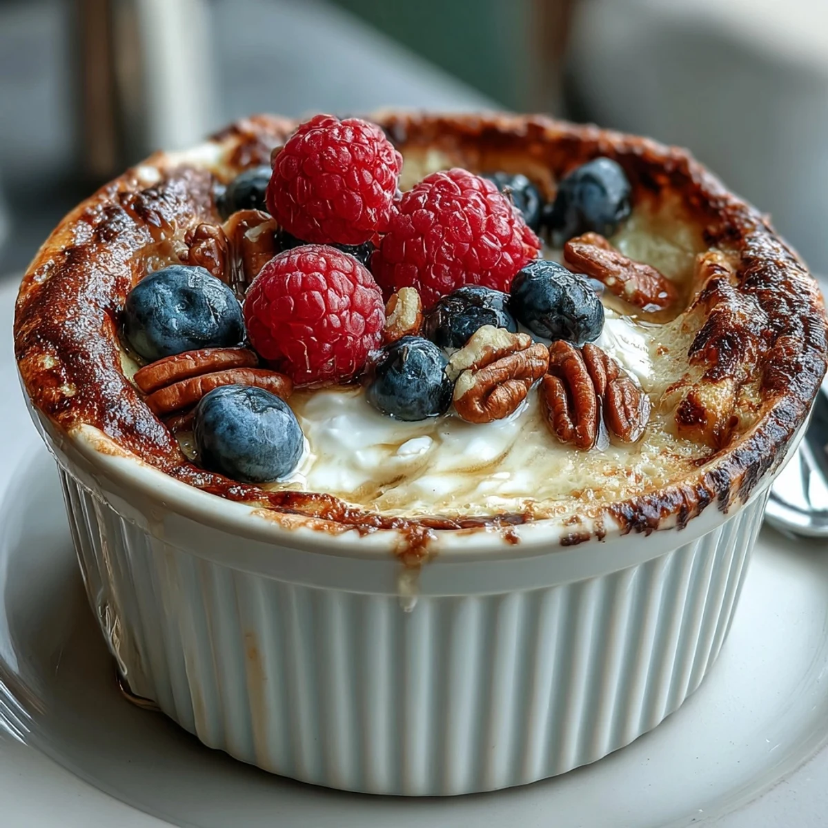 Golden Baked Protein Pancake Bowl topped with maple syrup and fresh berries, served in a white ramekin.