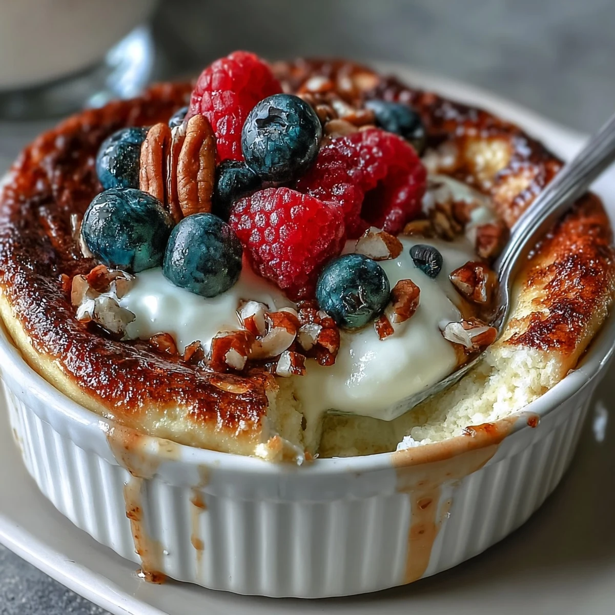 Fluffy Baked Protein Pancake Bowl fresh from the oven, drizzled with honey and perfect for meal prep.