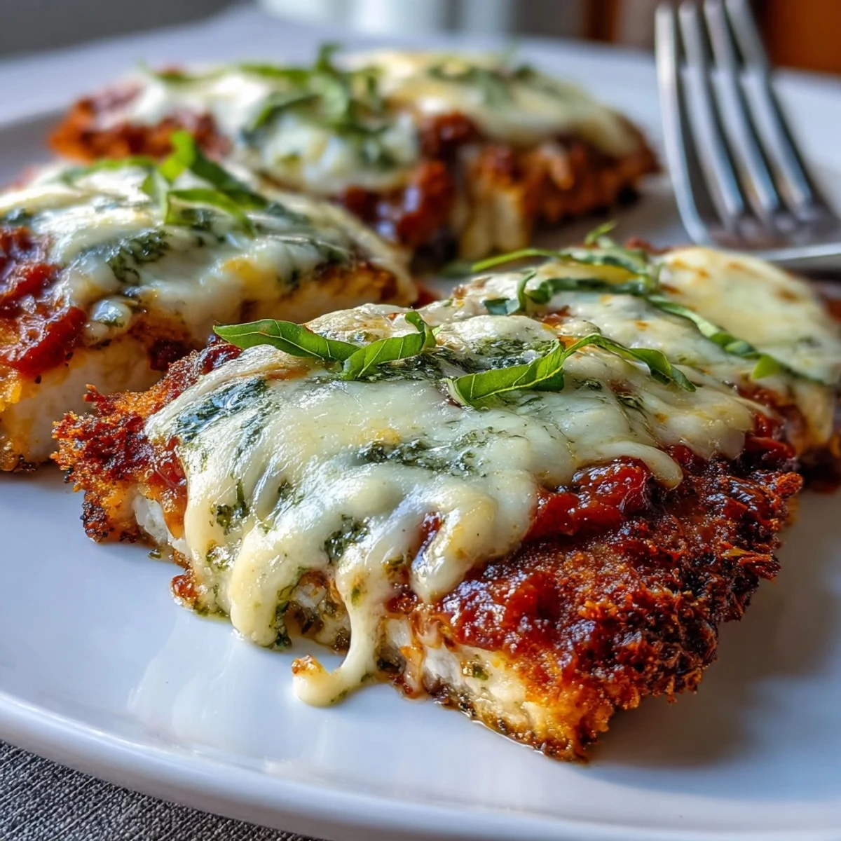 Golden-brown breaded chicken breasts topped with vibrant green basil pesto and melted mozzarella, ready to serve.