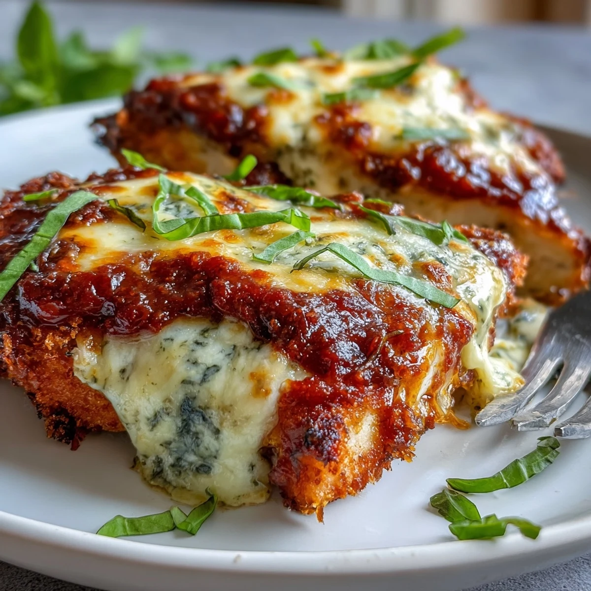 Sizzling Pesto Chicken Parmesan from the oven, featuring juicy chicken, fresh pesto, and golden Parmesan topping.