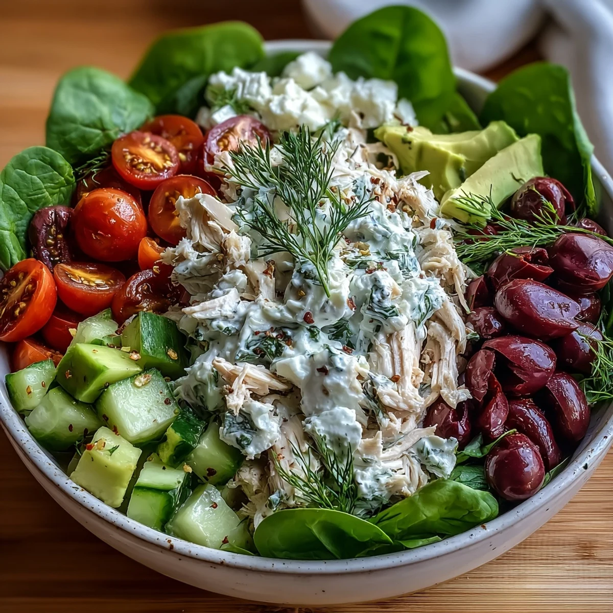 Freshly made Tzatziki Chicken Salad with creamy Greek yogurt, shredded chicken, cucumber, and dill, served chilled over crisp spinach.