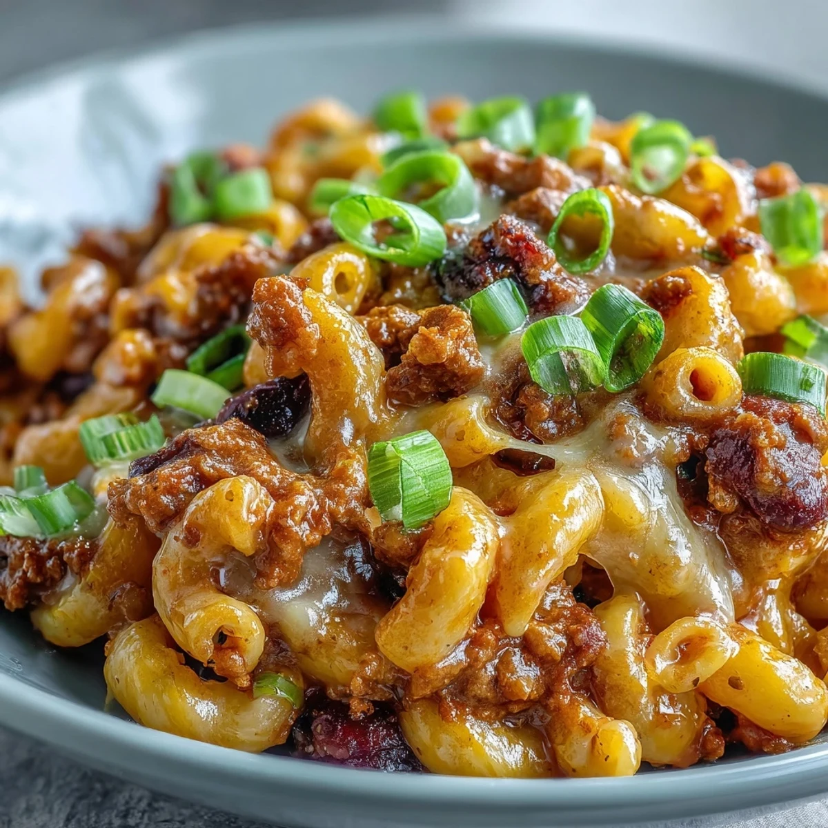 One-Pan High Protein Chili Mac in a rustic bowl, steam rising, with a dollop of sour cream and chopped green onions.