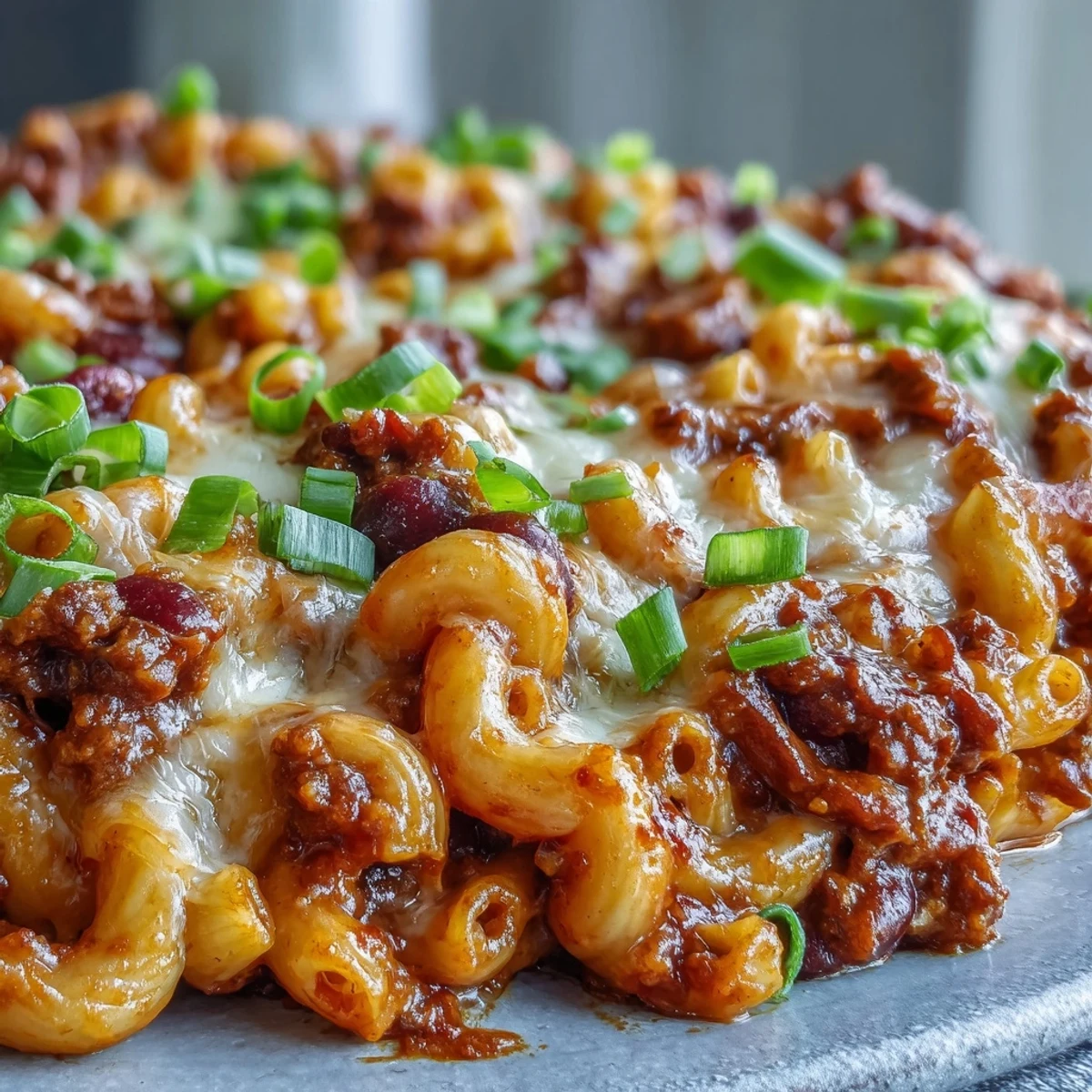 A spoon lifting a cheesy scoop of One-Pan High Protein Chili Mac, revealing smoky beef and pasta, topped with cilantro.