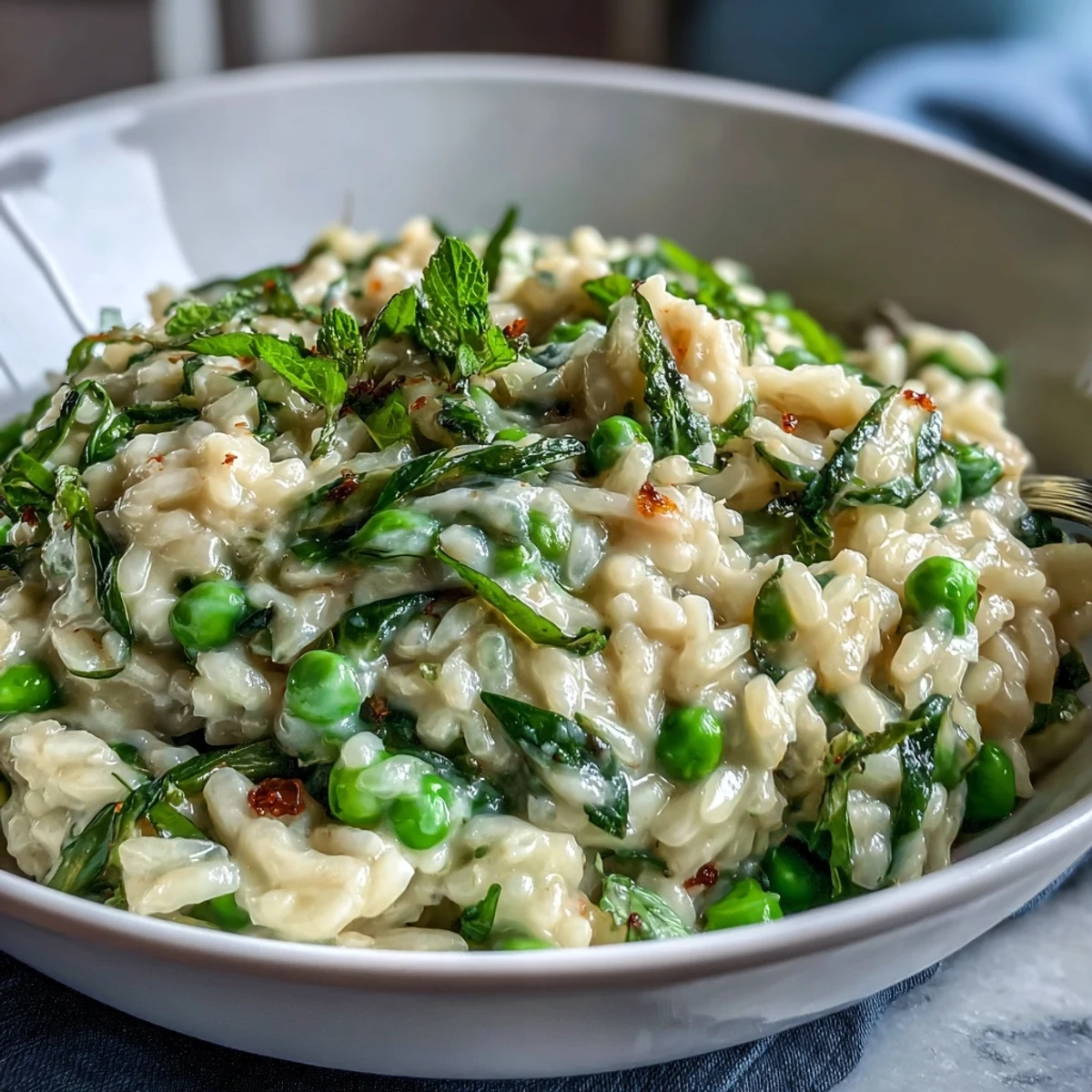 Creamy Spring Pea and Mint Risotto with Parmesan Cheese