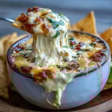 Steamy Queso Dip in a warm slow cooker, garnished with jalapeños and green onions, surrounded by crunchy tortilla chips and crisp vegetable sticks for dipping.