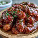Golden Crock Pot BBQ Cocktail Sausages served warm on a platter with toothpicks, pickles, and potato chips for gameday. 