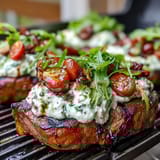 Creamy burrata and sweet grilled peaches atop peppery arugula, drizzled with tangy balsamic glaze for a refreshing salad.  