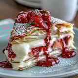 Layered strawberry crepe cake with silky vanilla mascarpone filling, dusted with powdered sugar and garnished with fresh mint.