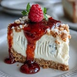 Creamy cheesecake filling topped with homemade raspberry coulis, served on a crisp biscuit base for a delightful Mother's Day dessert.  