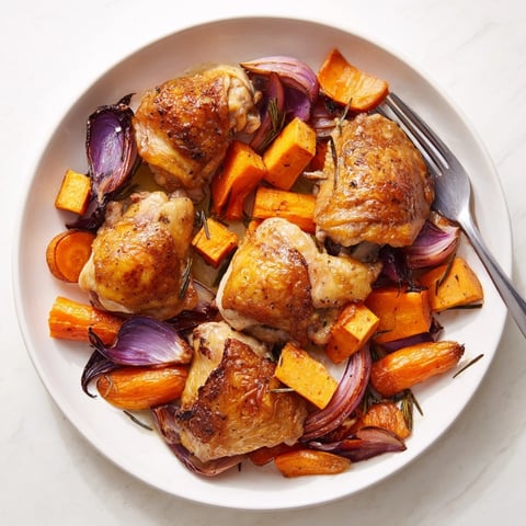 Golden Honey-Glazed Chicken with Roasted Root Vegetables: Crispy skin, soft vegetables, and herby aroma.
