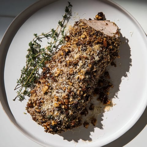 Golden-brown Thyme and Pecan Crusted Pork Tenderloin, ready to slice after a perfect roast.