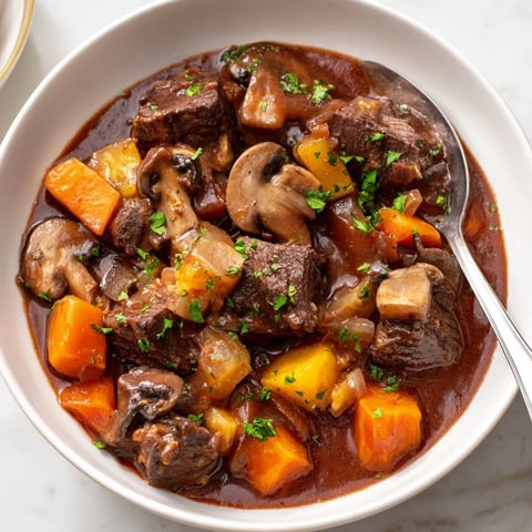 Golden, crusty homemade bread served alongside a rich, steaming bowl of earthy beef stew.