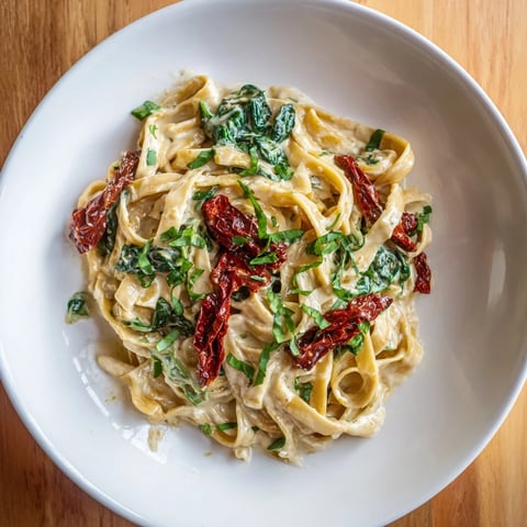 One-Pot Creamy Tuscan Garlic Herb Pasta, looking creamy, features sun-dried tomatoes and fresh basil sprinkled atop.
