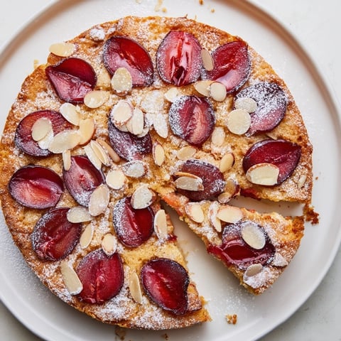Golden-brown Soft Sweet Plum-Infused Almond Cake, topped with sugared plums, inviting you to enjoy a slice.