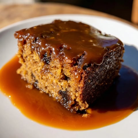 Warm Weekend Cabin-Style Sticky Toffee Pudding, drizzled in bubbling toffee sauce, ready to serve.