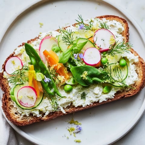Fresh Meadow Garden Vegetable Tartines: Toasted bread piled high with colorful, fresh garden vegetables and creamy herbed cheese.