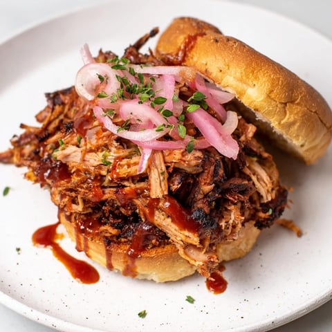 Fire-Kissed BBQ Pulled Pork Sandwiches piled high on toasted buns, boasting a smoky, charred appearance.