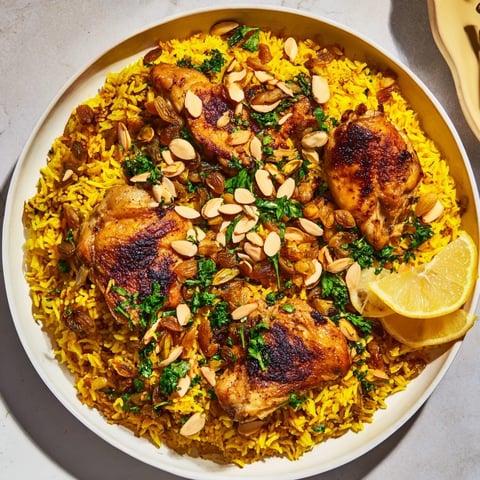 Golden saffron chicken and rice pilaf, a perfectly cooked, aromatic one-pot meal, ready to serve!