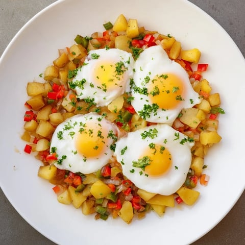 Simple skillet egg and potato hash with a runny yolk, ready for a hearty brunch.