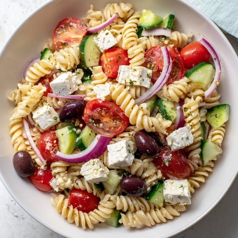 Mediterranean Olive Oil and Feta Pasta Salad, a colorful vegetarian delight, perfect for a light summer meal.