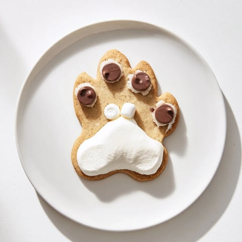 Freshly baked Polar Bear Paw Print Cookies with cute marshmallow paw pads, ready to eat.