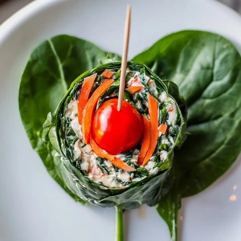 Vibrant Holly Leaf Spinach Wraps: a close-up shows rolled spinach leaves with festive tomato garnish.